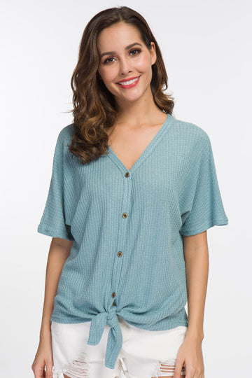 Waffle Knit Tunic Blouse Tie Knot Short Sleeve Henley Tops Loose Fitting Bat Wing Shirts
